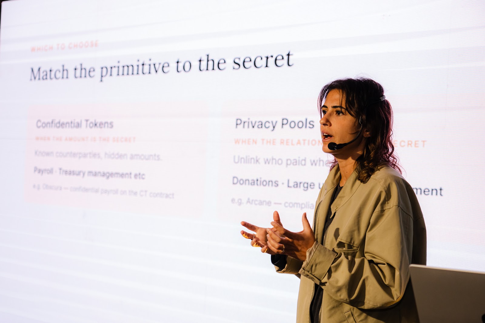 Speaker presenting confidential tokens and privacy pools